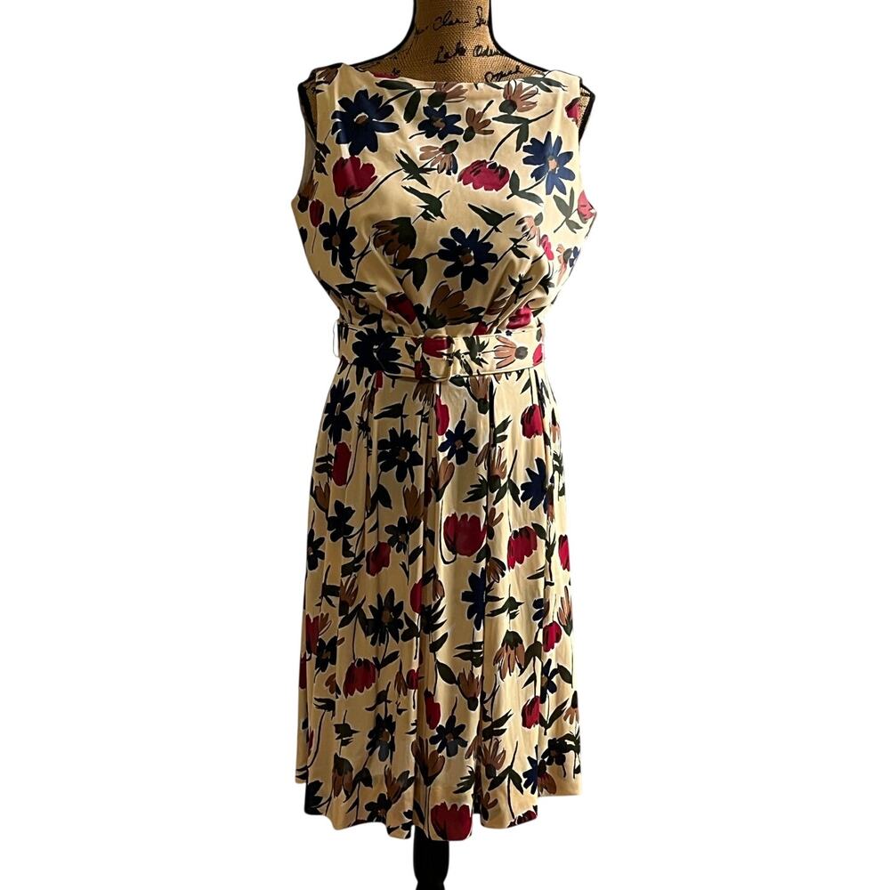 Vintage 60s 70s Floral Polyester Sleeveless Belted Pleated Midi Dress Women’s S